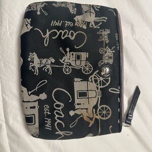 Coach Black Canvas Carriage Print Pouch with Silver Accents